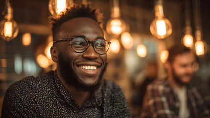 African American man smiling joyfully in a cozy cafe with warm lighting and friendly atmosphere
