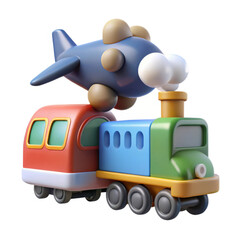Colorful toy airplane on top of a toy train isolated on transparent background