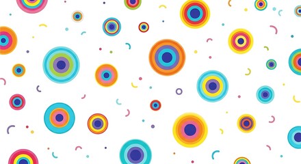 Abstract background with colorful, concentric circles and small scattered shapes