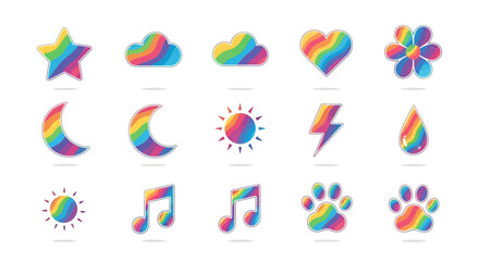 Colorful Rainbow Striped Patterned Star Cloud Heart Icon Symbol Set