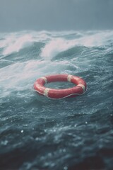 Red Lifebuoy Drifting in Choppy Dark Ocean Waves, A Beacon of Hope Amidst Perilous Waters.
