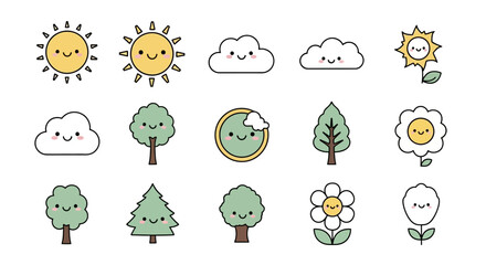 Cute Handdrawn Nature Elements with Smiling Face and Line Art Icon Set