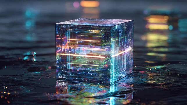 A glowing, transparent cube with intricate internal circuitry, resting on a reflective, dark, textured surface - Powered by Adobe