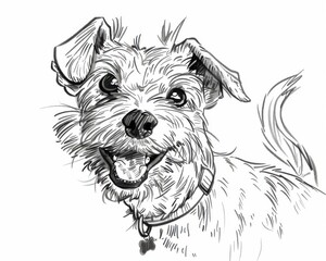 Playful shaggy dog illustration in sketch style, drawn on a light background with simple line art.