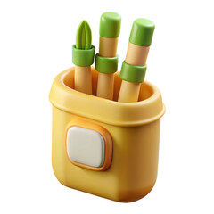 Yellow pencil holder with green topped pencils isolated on transparent background
