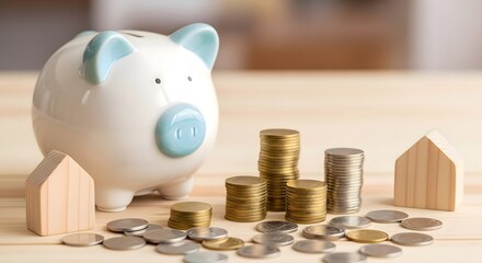 Saving money for house purchase concept with piggy bank coins and wooden house model on table