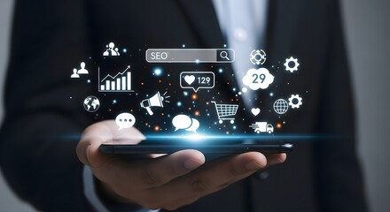 Seo marketing strategy digital media social media marketing online business and content optimization plan