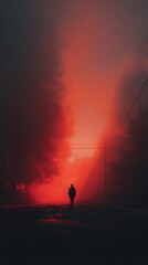 Fototapeta premium Silhouette of person walking into a red smoky atmosphere