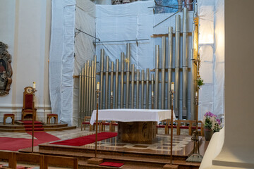 Passau, Bavaria, Germany: organ pipes waiting to be placed back into the organ, now under...