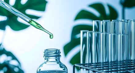 Stock photo of scientific research with dropper and test tubes for medical and cosmetic science