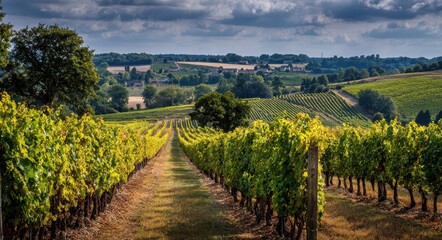Naklejka premium Cognac Vineyard: French Wine Vinery and Grapevines in Countryside Landscape