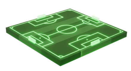 A glowing, isometric illustration of a soccer field with goalposts and markings.