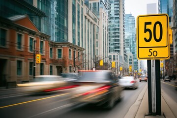 Speed limit 50 sign on busy urban city street
