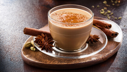 Hot cup of masala chai tea with cinnamon, star anise, cardamom and ground spices. Traditional Indian spiced tea perfect for warmth, comfort, culture, relaxation and flavorful enjoyment.