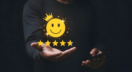 Understanding customer satisfaction rating with smiley face and five star review concept image