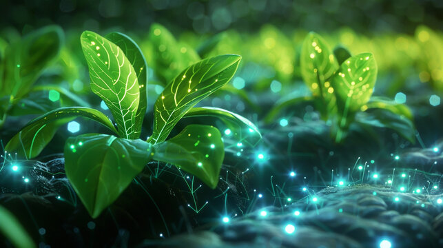 Futuristic agriculture digital connection enhances plant growth and health, promoting sustainable farming practices for a greener and more efficient future
