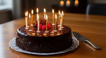 Chocolate birthday cake with lit candles