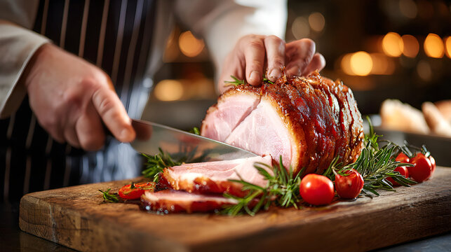 Chef slicing succulent roasted ham on wooden cutting board with fresh herbs and cherry tomatoes