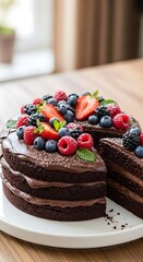 Chocolate cake layered with fresh berries