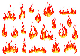 Set of stylized fire or flames. Burning red fire or bonfire.