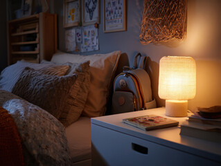 A cozy children's bedroom with a warm lamp and a schoolbag invites bedtime reading and sweet dreams every night