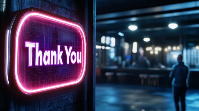 Neon thank you sign in modern bar ambiance at night