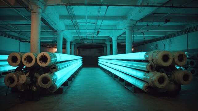 Bright neon tubes illuminated in warehouse interior