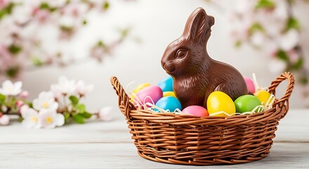 Chocolate Easter bunny in a wicker basket with colorful eggs amongst blossoming spring flowers
