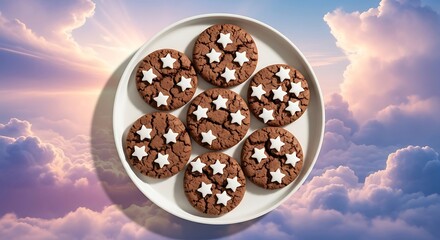 Chocolate cookies on a plate against a sky background