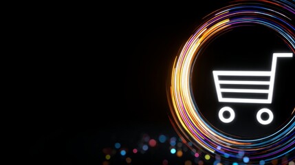 Glowing shopping cart icon with colorful light trails on black background