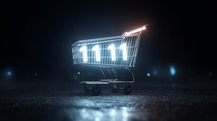 Glowing shopping cart with 11.11 sale symbol on dark background