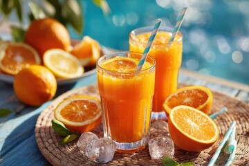 Fototapeta premium Refreshing Orange Juice Glasses with Sliced Oranges on Sunny Summer Day.