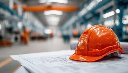 An orange helmet rests on blueprints and construction plans within a factory interior, symbolizing safety and diligence in industrial architecture and project development.