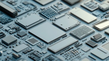 Circuit board components with soft light on white background