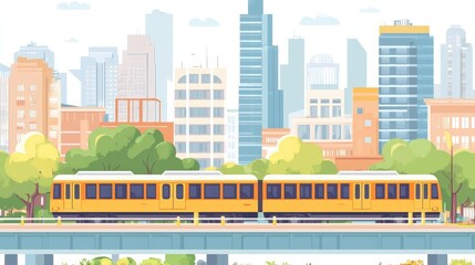Cityscape featuring a yellow train traveling on railway tracks