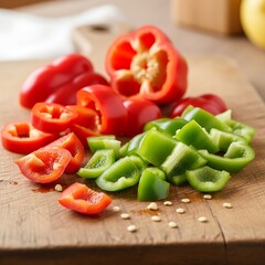 Chopped red and green bell peppers on a wooden cutting board