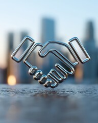 Gleaming 3D Handshake Icon on Reflective Surface with Bokeh Cityscape Background, Symbolizing Global Business Deal.