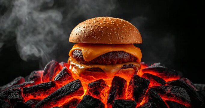 Double cheeseburger served on hot glowing coals