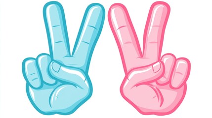 Obraz premium Two cartoon hands, light blue and pink, making peace signs