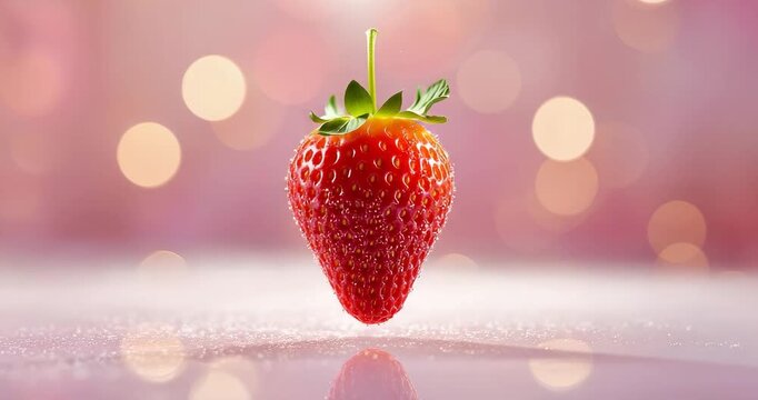 Floating fresh strawberry on glittery pink surface backdrop
