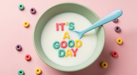 Colorful cereal letters spell out it s a good day in milk