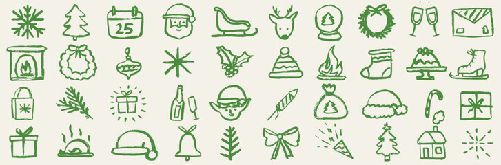 Retro vintage new year and christmas icons. Doodle sketch drawings in grunge charcoal style for winter holidays party celebration perfect for posters and invitation cards. Hand drawn chalk elements.