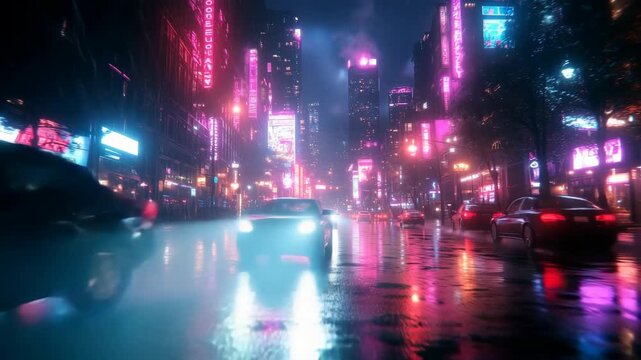 A cinematic drive through a rainy cyberpunk city with vibrant neon reflections representing a futuristic urban dreamscape perfect for technology and sci-fi content.