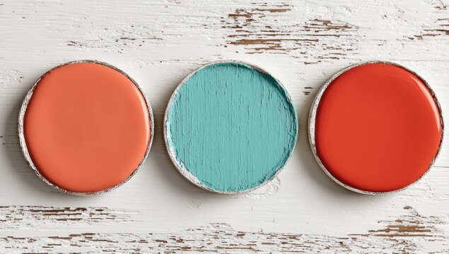 Three circular paint swatches, coral, teal, and red-orange, displayed on a distressed white wooden surface, showcasing a variety of color options for interior design.