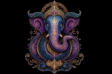 Naklejka premium Intricate ornate ganesh design with vibrant colors on black background