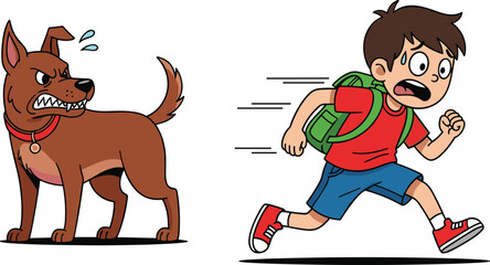Cartoon boy running from angry dog, funny chase scene, scared child escaping pet attack, humorous vector for kids education