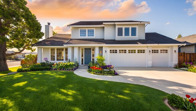 This luxurious new residential villa with a blue sky and landscape garden is a desirable property