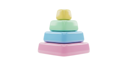 A colorful, stacked pyramid toy, composed of four geometric shapes, isolated on white.