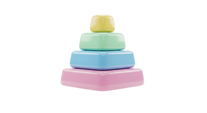 A colorful, stacked pyramid toy, composed of four geometric shapes, isolated on white.