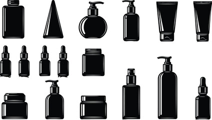 Fototapeta premium Cosmetic bottle silhouette, skincare packaging, pump dispenser, dropper bottle, black vector, personal care icon, white background, jar, tube, container